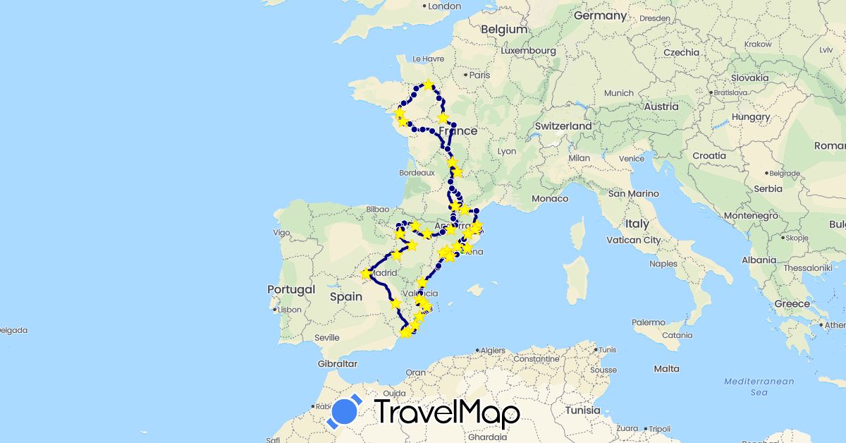 TravelMap itinerary: driving, bus in Andorra, Spain, France (Europe)