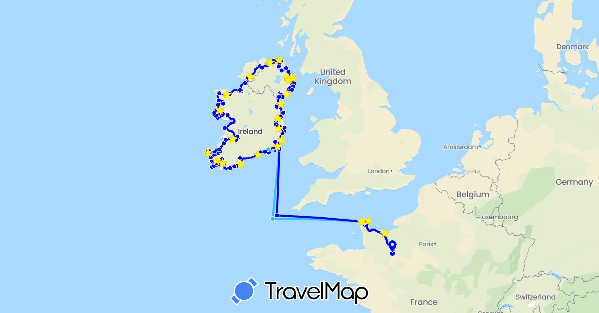 TravelMap itinerary: driving, boat, camping car in France, United Kingdom, Ireland (Europe)